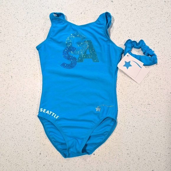 NEW $79 Destira TEAM Competition Gymnastics Leotard SCRUNCHIE Seattle Teal SMALL - Picture 1 of 5